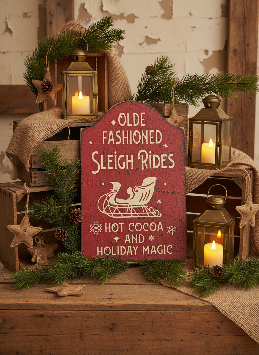 Decorative sign with 'Olde Fashioned Sleigh Rides, Hot Cocoa and Holiday Magic' text, surrounded by Christmas decorations.