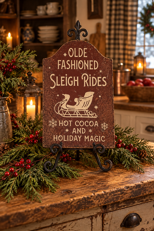 A rustic brown wooden sign with cream lettering that reads 'Olde Fashioned Sleigh Rides Hot Cocoa and Holiday Magic,' displayed on a black metal easel stand on a wooden table. The sign is surrounded by holiday greenery, red berries, and lit lanterns in a cozy indoor setting.