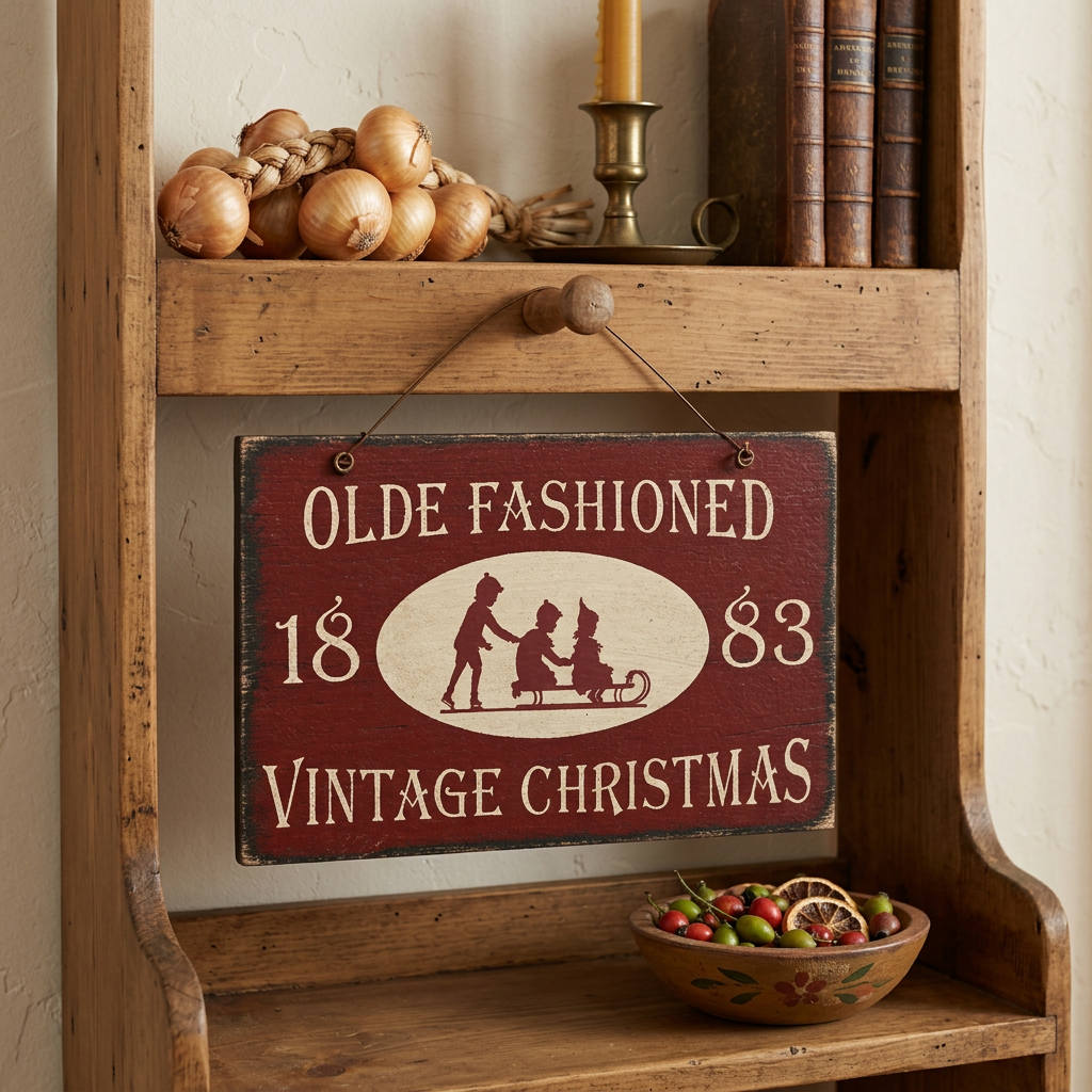 Wood sign that says olde fashioned vintage Christmas 1883 hanging from peg.