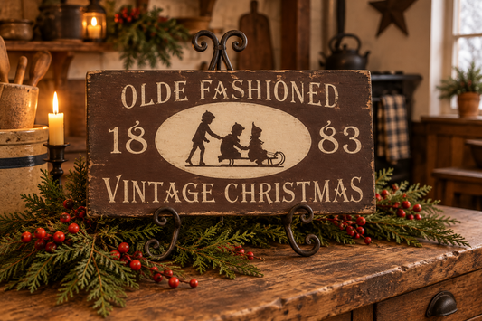 A rustic wooden sign reading 'OLDE FASHIONED 1883 VINTAGE CHRISTMAS' with a sleigh illustration, displayed on a wooden table with holiday greenery and candles in a cozy room setting.