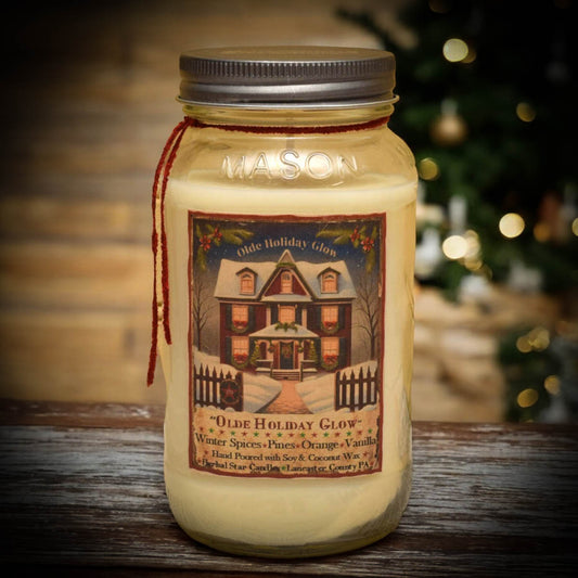 Mason jar candle with cream colored wax and artwork featuring a red home with fence and text