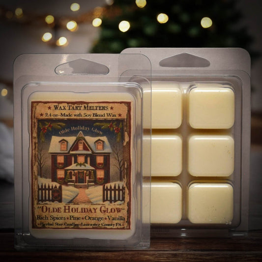 Pack of 6 beige wax tarts with a holiday-themed label, displayed in clear plastic clamshell packaging.