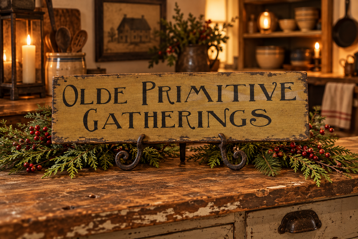 A rustic wooden sign reading 'Olde Primitive Gatherings' in black lettering, displayed on a distressed wooden table with evergreen garland and red berries in a warmly lit room.