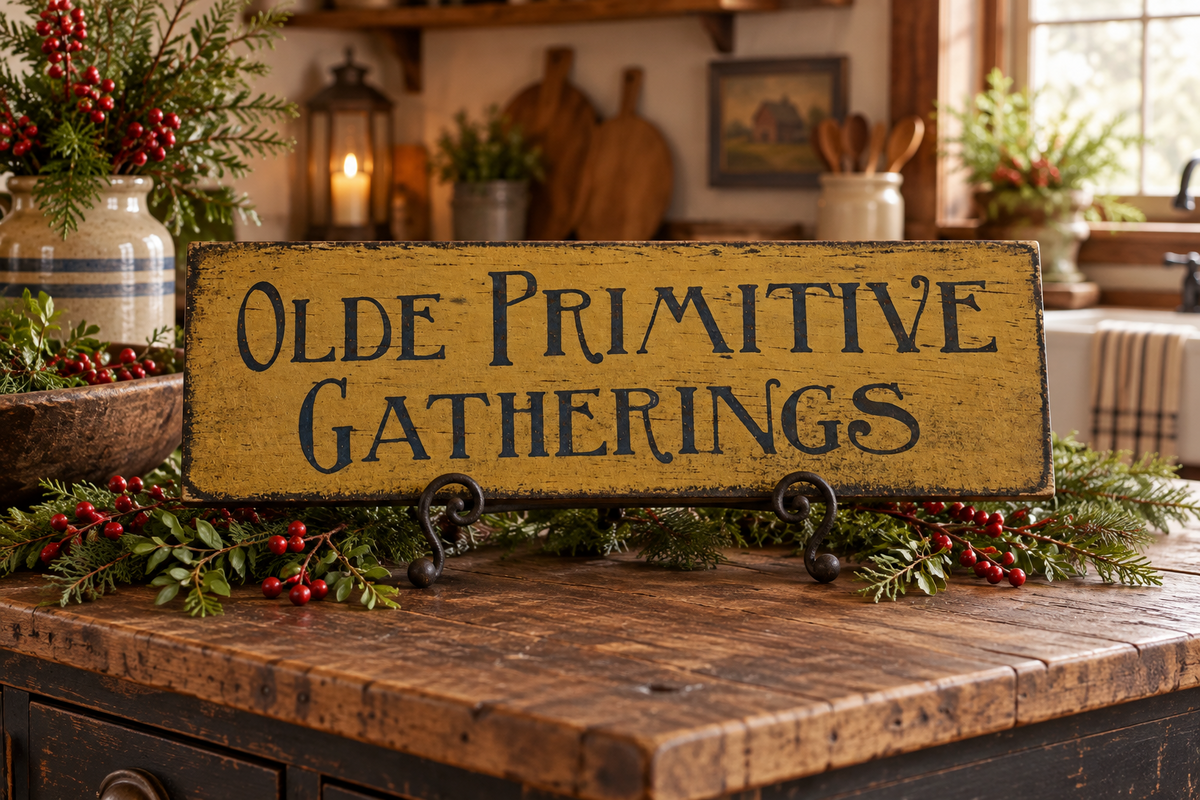 A rustic wooden sign reading 'OLDE PRIMITIVE GATHERINGS' in dark lettering, displayed on a wooden table in a cozy, decorated kitchen setting with holiday greenery and red berries.