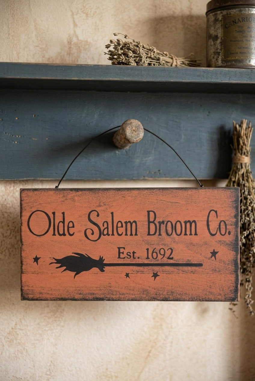 Wood sign that says olde salem broom company hanging from a peg on shelf.