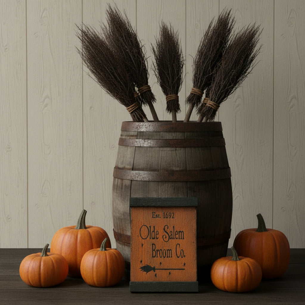 Wooden sign with 'Olde Salem Broom Co.' text and logo on a dark background