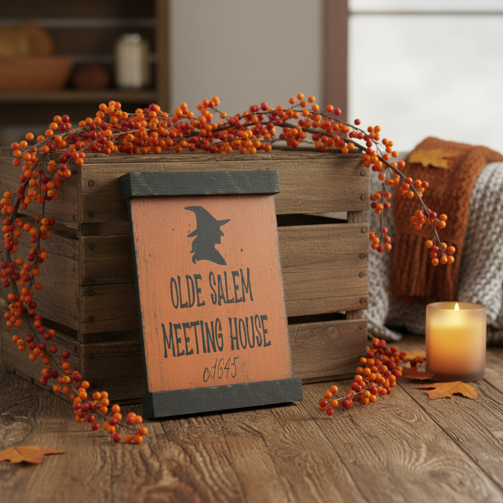 Sign with 'Olde Salem Meeting House' text and a silhouette of a witch on a broomstick.