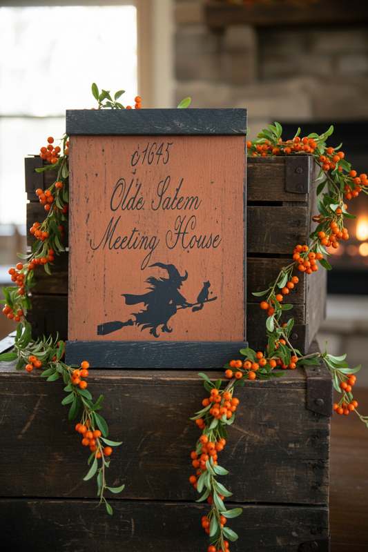 Decorative sign for Olde Salem Meeting House with Halloween theme on a wooden crate.