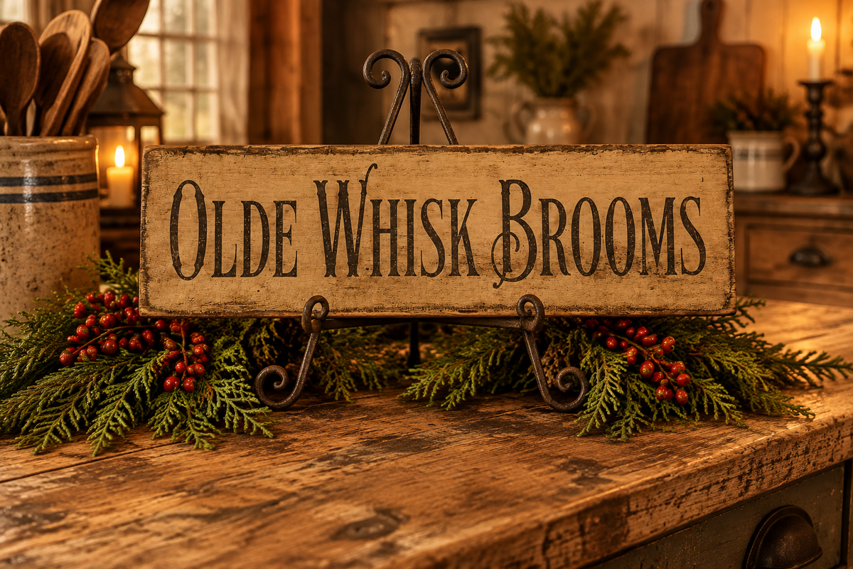 A rustic wooden sign reading “Olde Whisk Brooms” displayed on a metal stand, surrounded by evergreen branches and red berries on a wooden table in a warmly lit room.