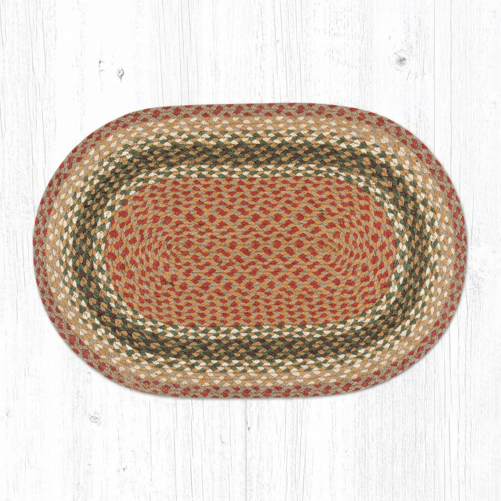Olive, burgundy and gray oval braided rug with a muted red center and concentric bands on a white wood background.