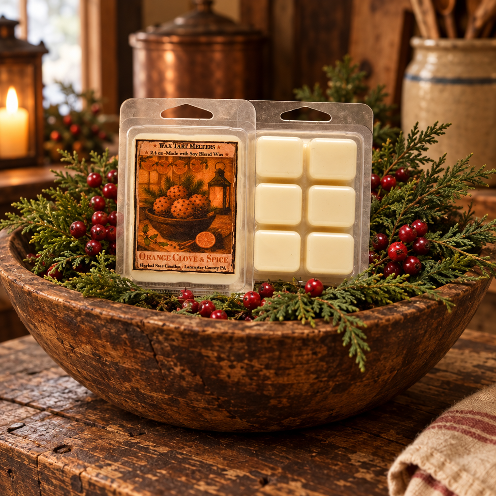 A packaged wax melt set displayed in a rustic wooden bowl filled with evergreen branches and red berries. The package shows the brand name Way Lake Meltz and the scent Orange Cider & Spice, with cream-colored wax cubes visible in a clear plastic clamshell.