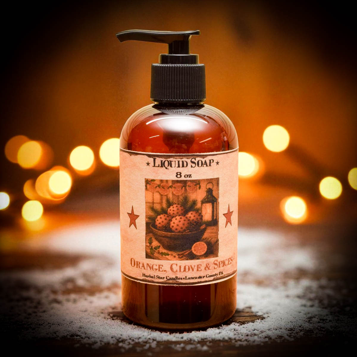 Bottle of liquid soap with a label on a dark background with blurred lights