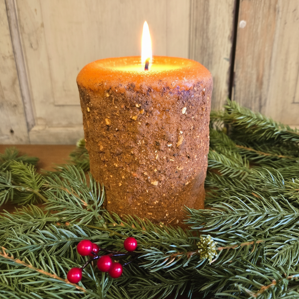 Candle with a wooden texture on a bed of greenery and red berries against a wooden background