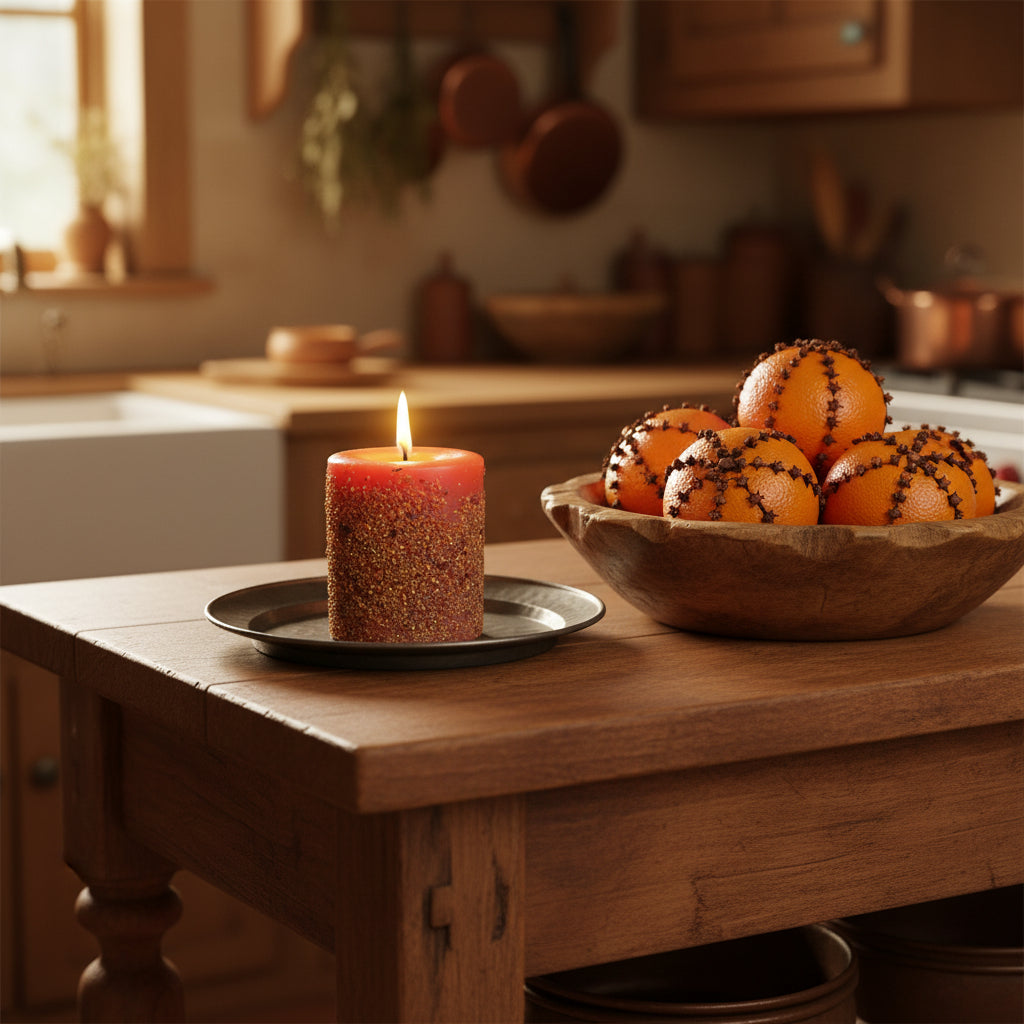 Candle and oranges on a wooden table in a kitchen setting