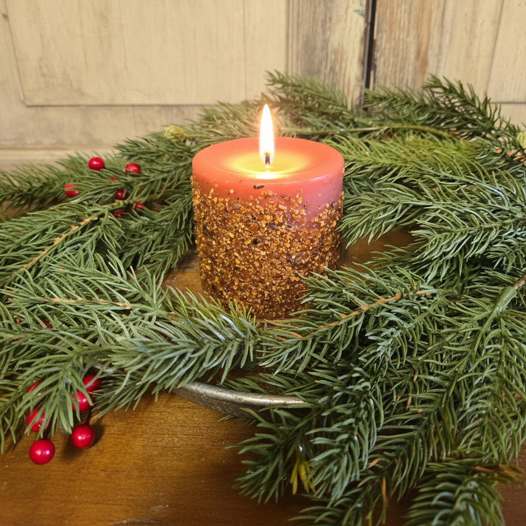 Decorative candle with glitter on a bed of greenery and red berries.