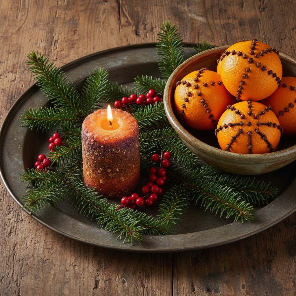 Decorative setup with a lit candle, oranges with cloves, and greenery on a wooden surface.