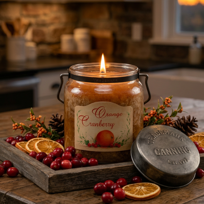 Lit Orange Cranberry jar candle in a rustic wooden tray with cranberries, dried orange slices, pinecones, and its metal lid.