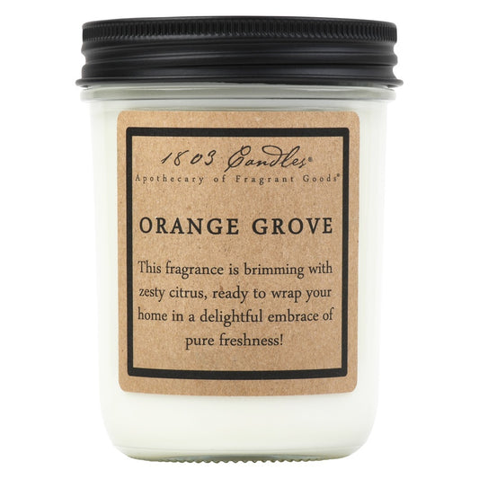 Candle jar labeled 'Orange Grove' with a black lid on a white background