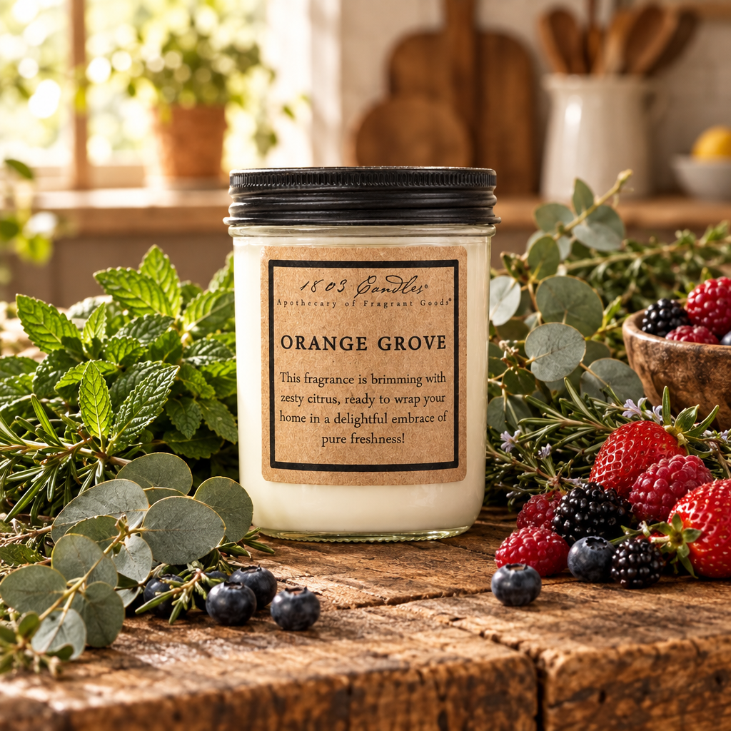 A jar candle labeled 'Orange Grove' by 1605 Candle Co. sits on a rustic wooden surface surrounded by fresh berries, blueberries, mint leaves, and eucalyptus in a warm kitchen setting.