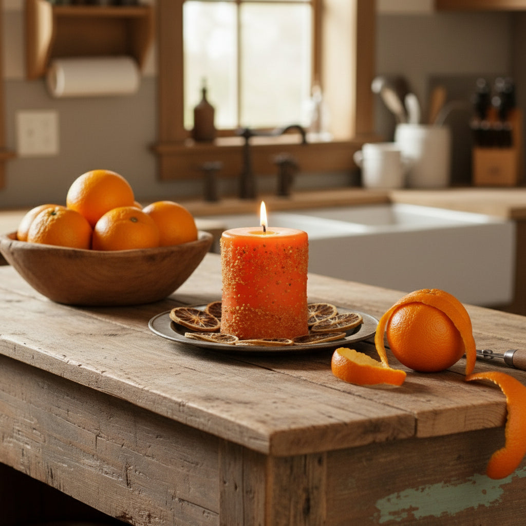 Candle on a table in a kitchen setting with a bowl of oranges.