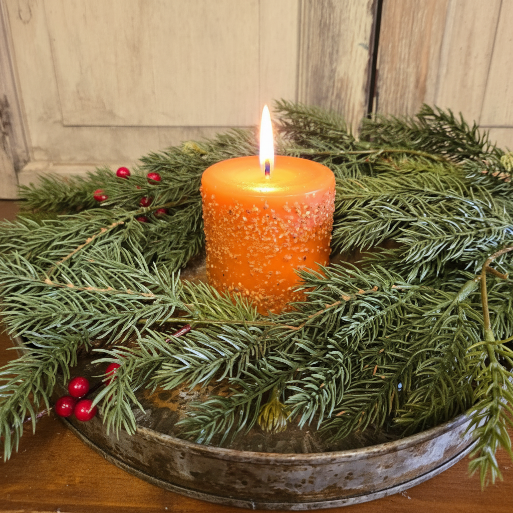 Decorative arrangement with a lit candle in a metal tray surrounded by greenery and red berries.