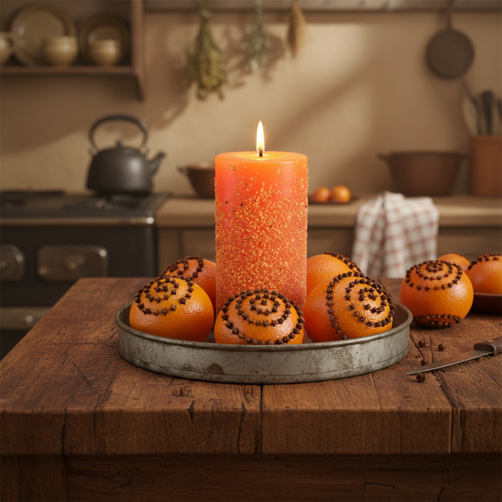Decorative setup with a lit candle, oranges, and a teapot in a kitchen setting.