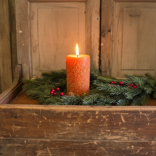 Candle in a wooden box with greenery and berries against a wooden background