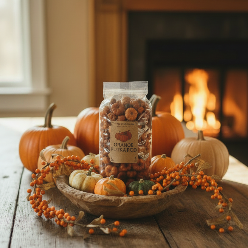 A clear stand-up pouch of orange citrus pod snacks sits on a rustic wooden table, surrounded by small pumpkins, orange berries, and a wooden bowl in a warm indoor setting.