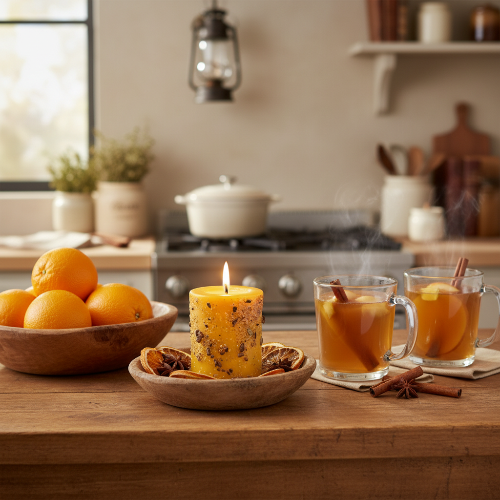 Candle, oranges, and hot drinks on a wooden table in a kitchen setting.