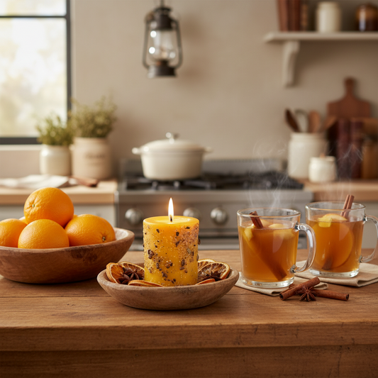 Candle, oranges, and hot drinks on a wooden table in a kitchen setting.
