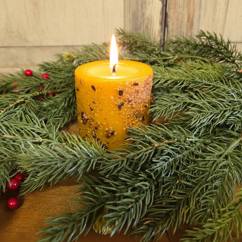 Candle in a decorative wreath with greenery and berries on a wooden surface