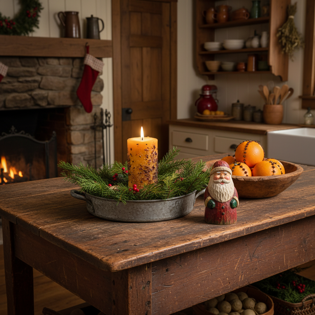 Vintage kitchen with a wooden table, lit candle, Santa figurine, and pumpkins.