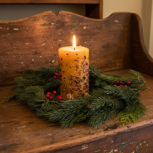 Candle with greenery on a wooden surface
