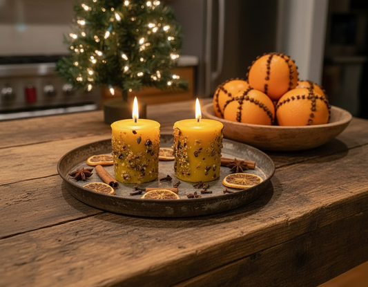 Two lit candles on a metal tray with oranges and cinnamon sticks on a wooden table.