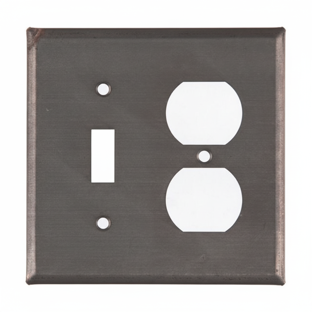 Metallic switch plate with one outletsand a switch.