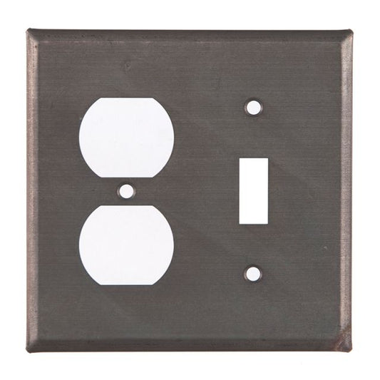 A rectangular tin wall plate with a matte black finish, featuring a central outlet or switch cover design, and two bolt holes at the back for installation.