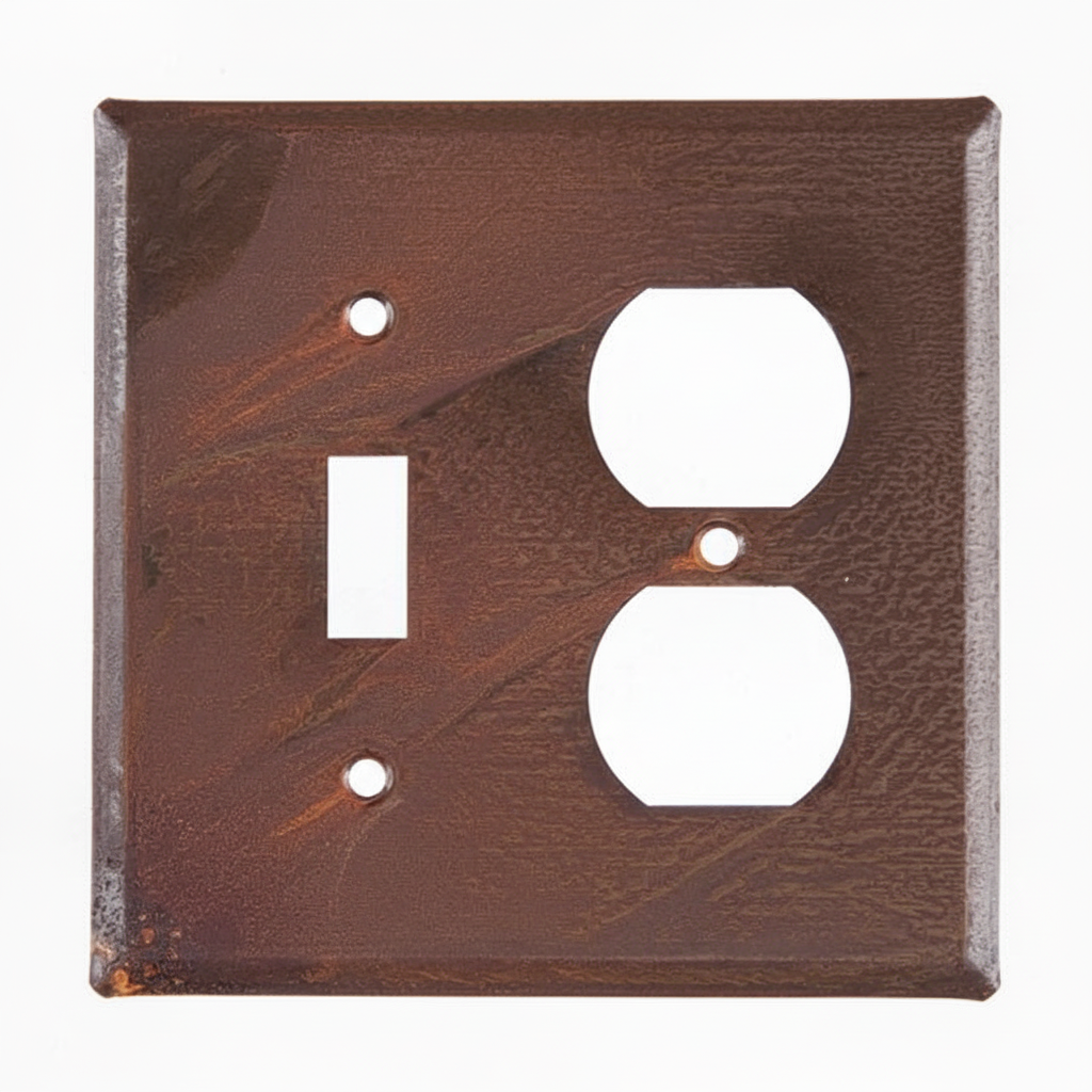 Brown switch plate with two outlets on a white background