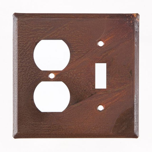 A rectangular rustic tin finish wall plate with two round cutouts for outlets or switches, and a matte lacquer protective coating.