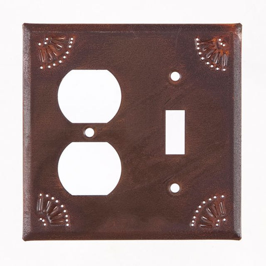 A rectangular rustic tin finish wall plate with two outlet covers and a switch cutout, featuring a matte lacquer protective coating and decorative chisel markings around the edge.