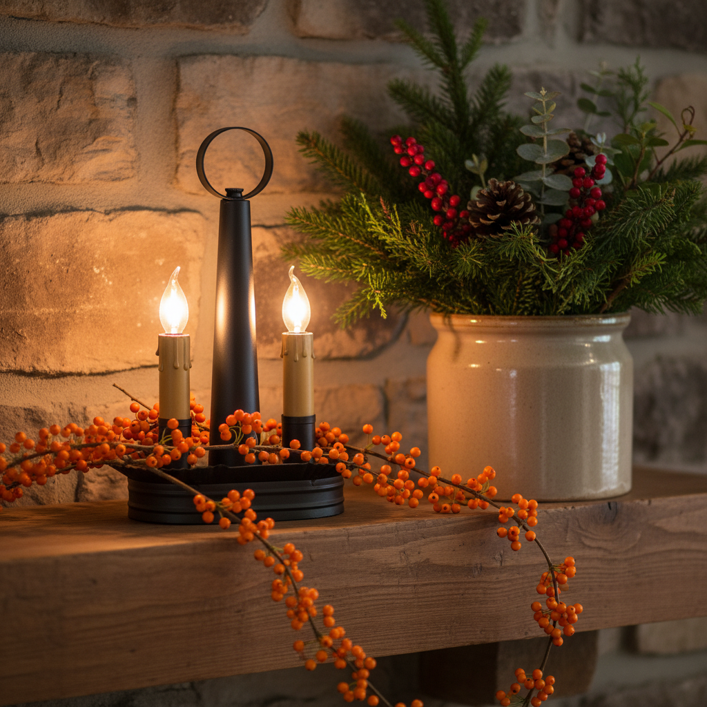 Decorative setup with candles, a lantern, and a potted plant on a wooden surface against a stone wall.