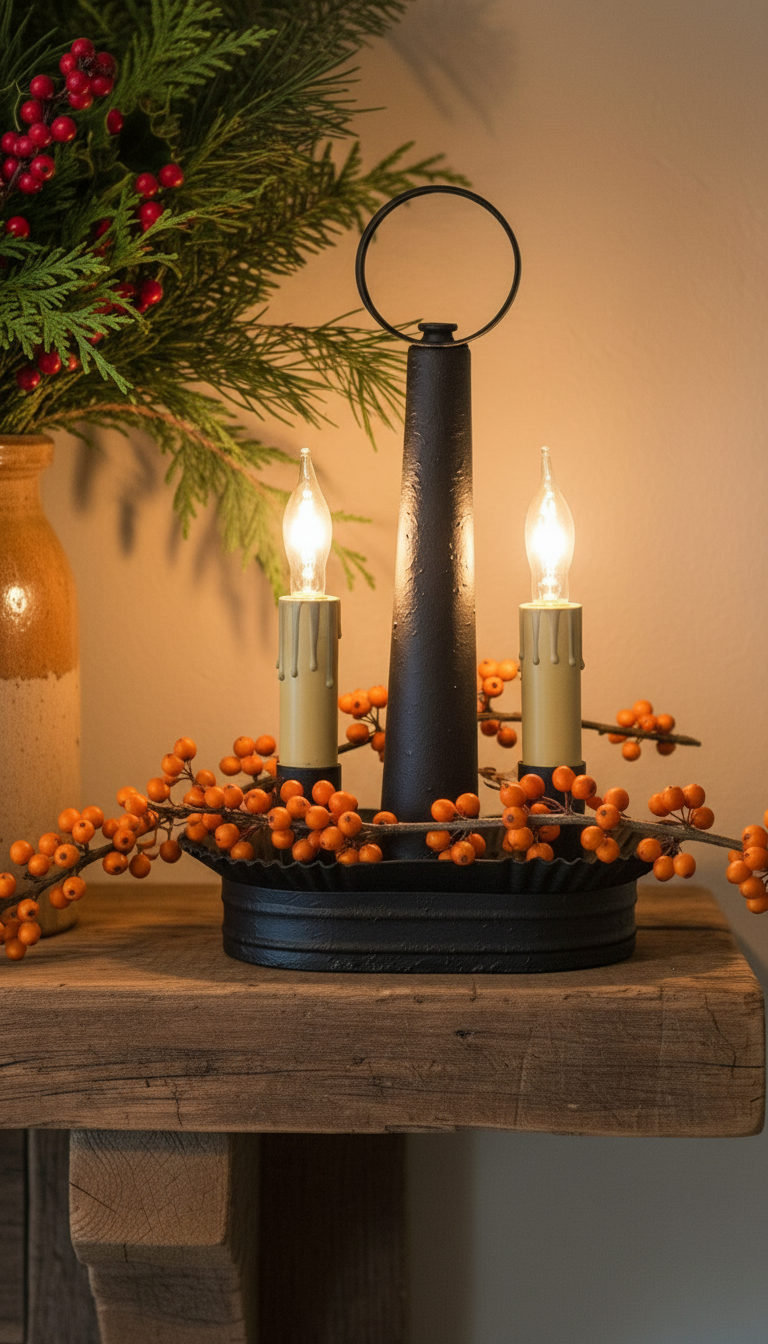 Decorative lamp with candles on a wooden surface, surrounded by greenery and berries.