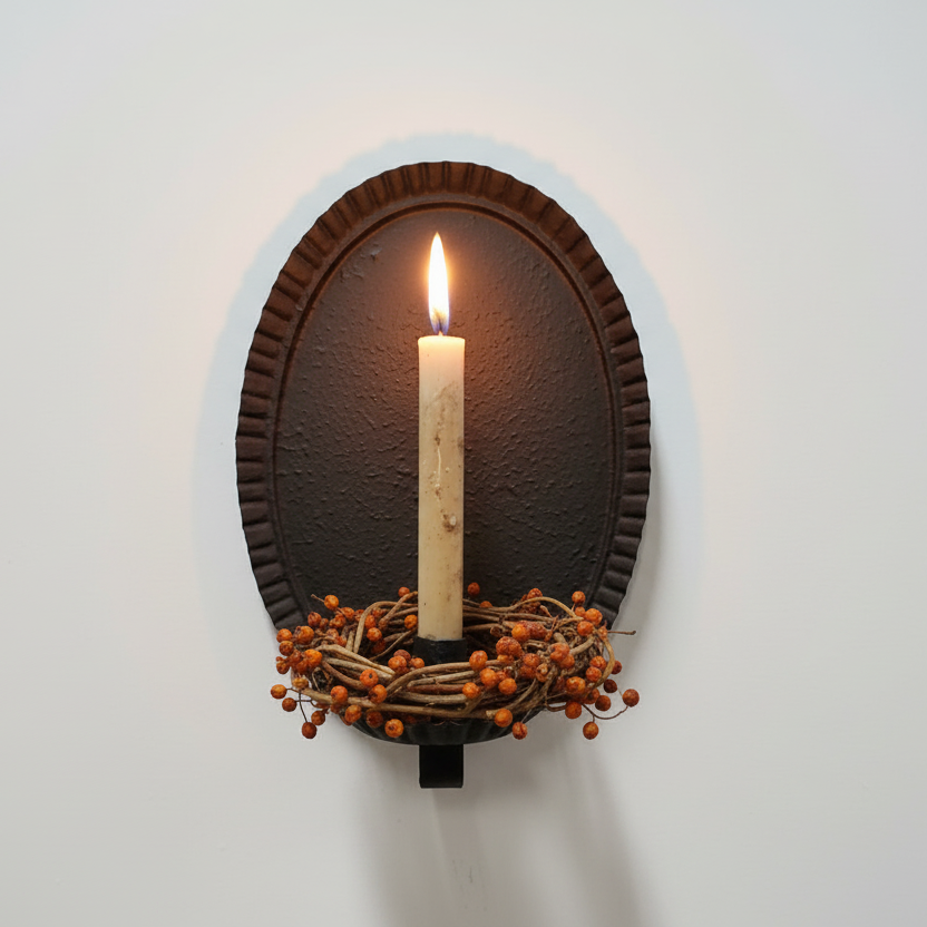 Wall-mounted candle holder with a lit candle on a plain wall