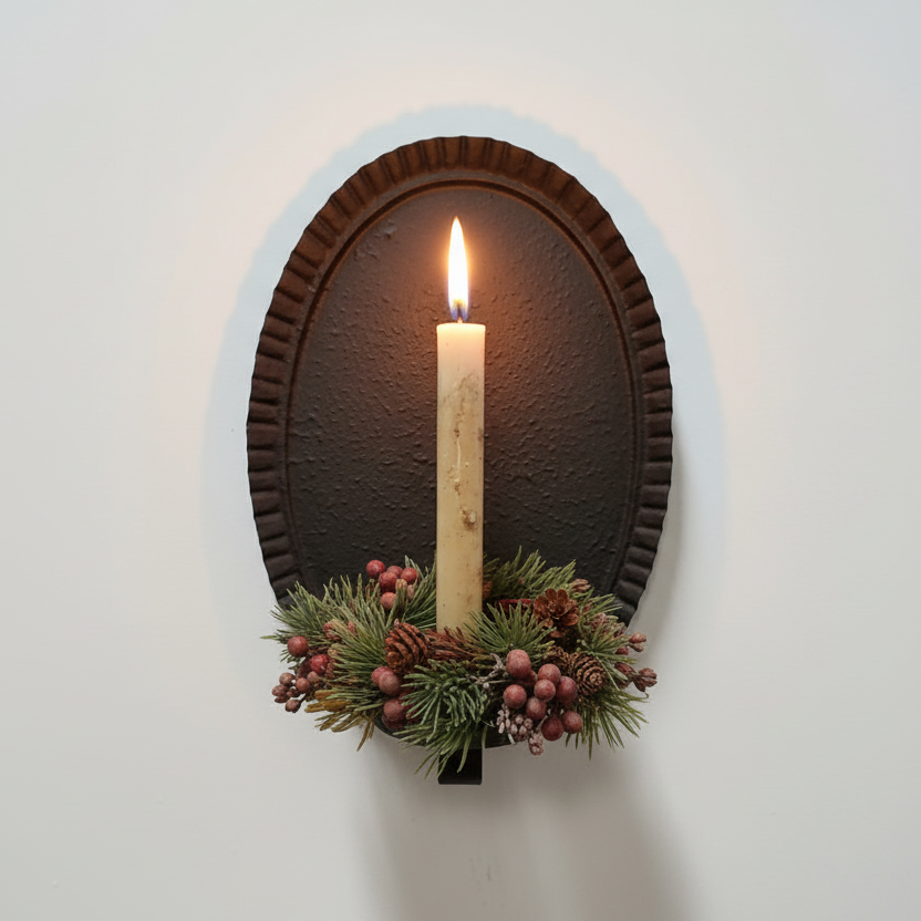 Decorative wall sconce with a lit candle and floral arrangement on a white background