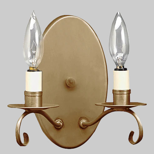 Bronze wall sconce with two candle-style light bulbs on a gray background