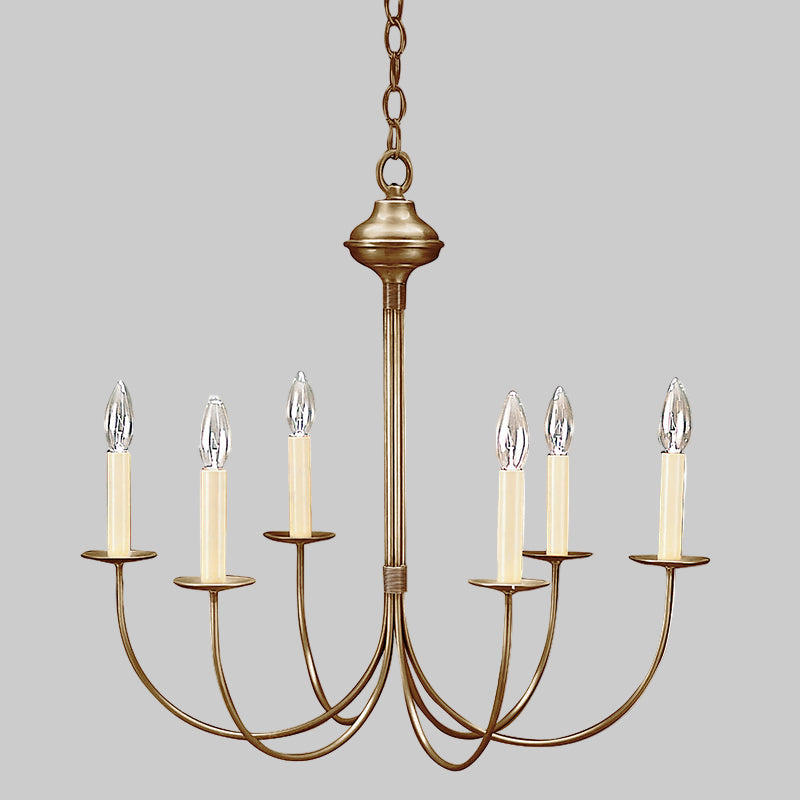 Bronze chandelier with six candle-style lights on a white background