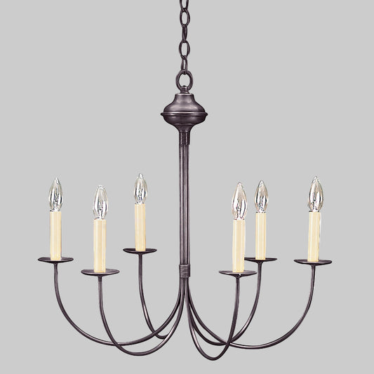 Chandelier with six candle-style lights on a white background