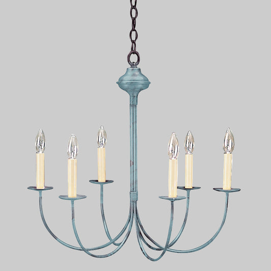 Blue chandelier with six candle-style lights on a white background