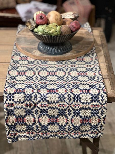 Patterned table runner on a wooden table with a bowl of fruit.