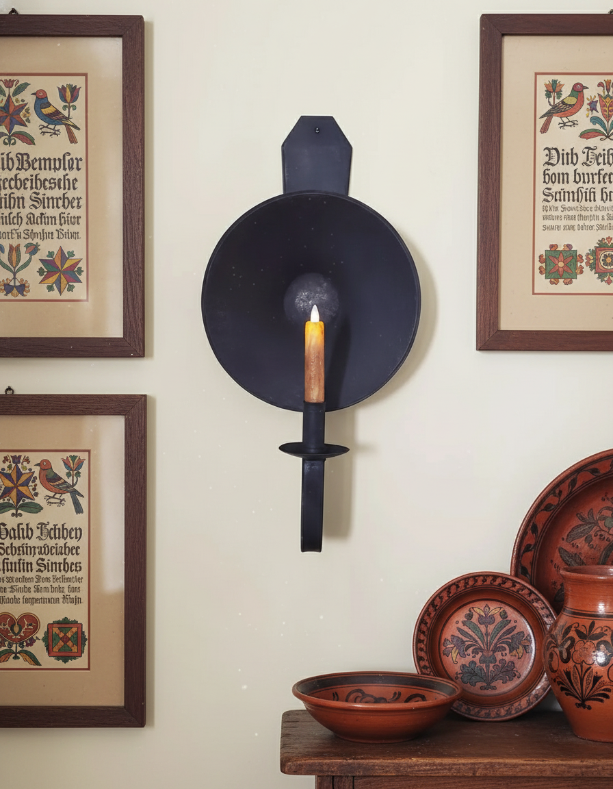 Decorative wall sconce with a candle, framed artwork, and ceramic plates on a wooden surface.