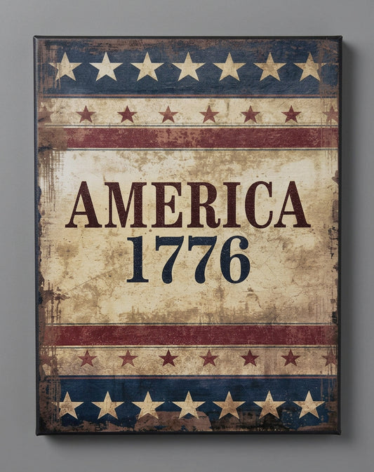 Decorative sign with 'AMERICA 1776' text and American flag design on a wooden background.